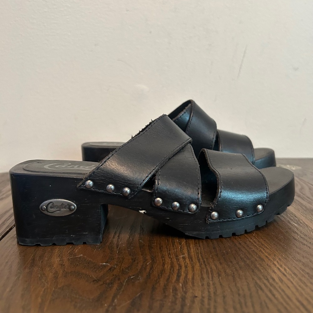 Candies Black Leather Chunky Y2K Platform Slide Sandals Studded Mules Size‎ 6